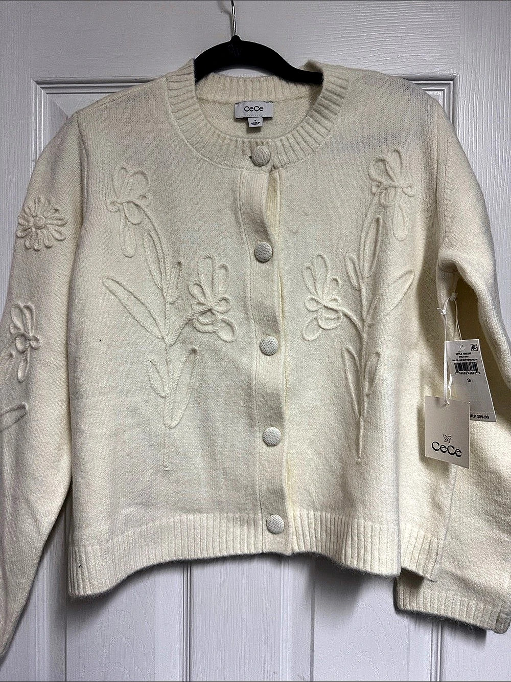 CeCe Floral Embroidery Cardigan Cream Size Medium